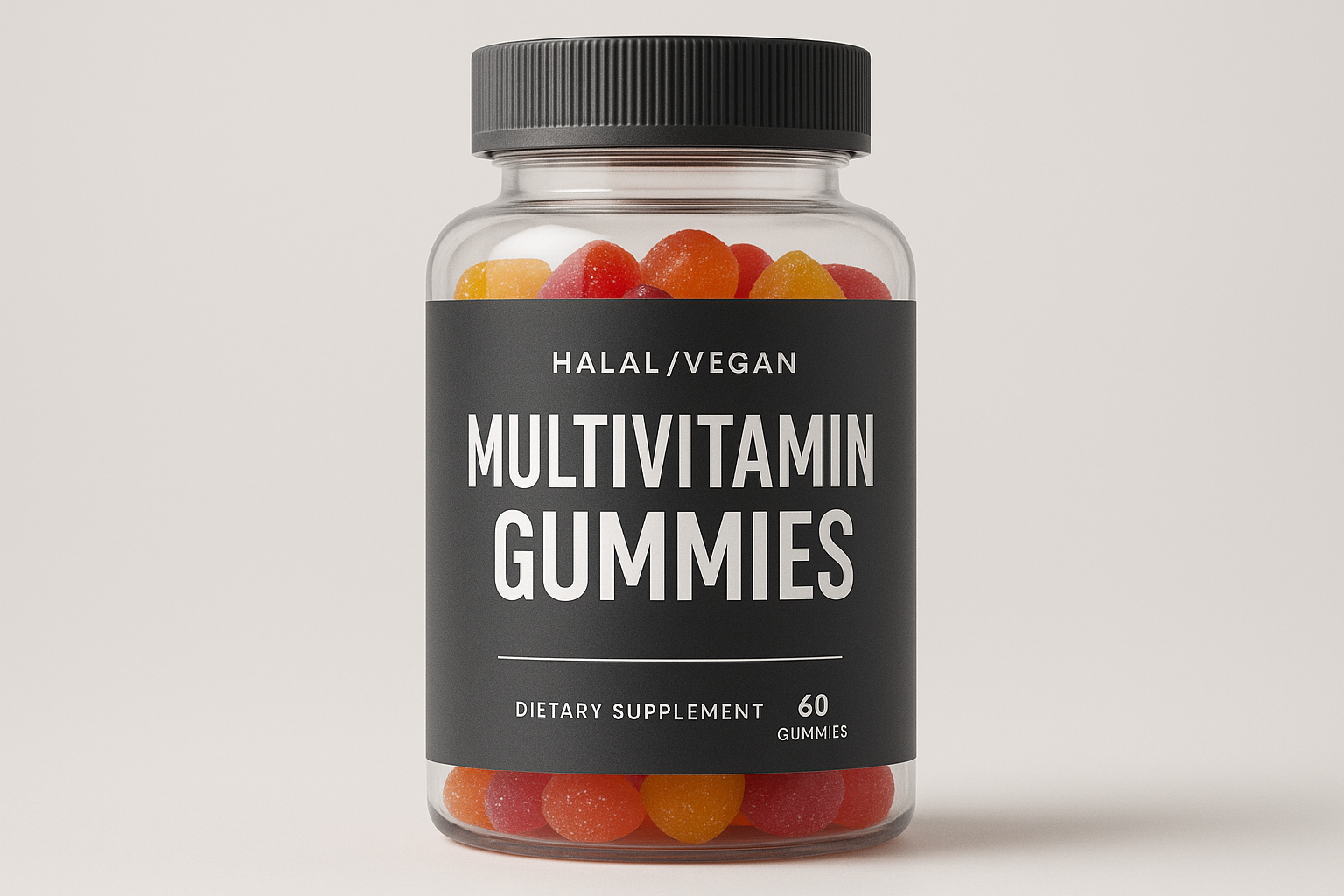 Single Gummy Supplement bottle with charcoal gray and white theme text Halal/Vegan Multivitamin Gummies