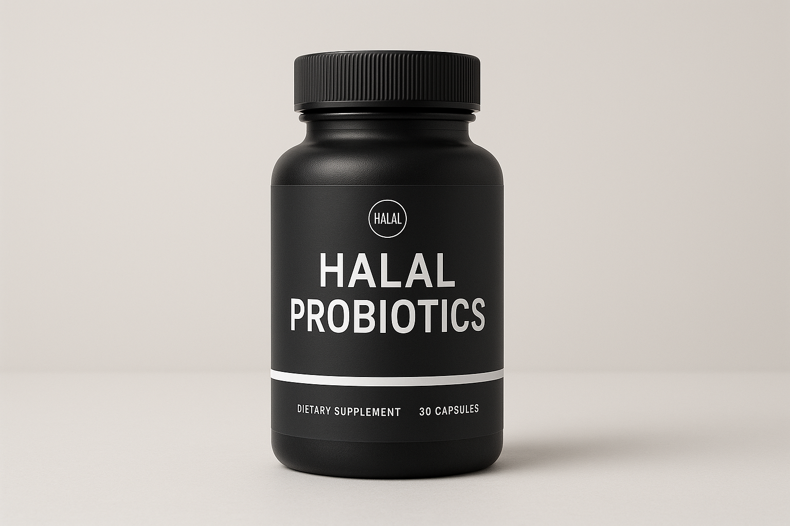 Single supplement bottle in charcoal gray and white theme with text on the bottle spellled Halal Probiotics