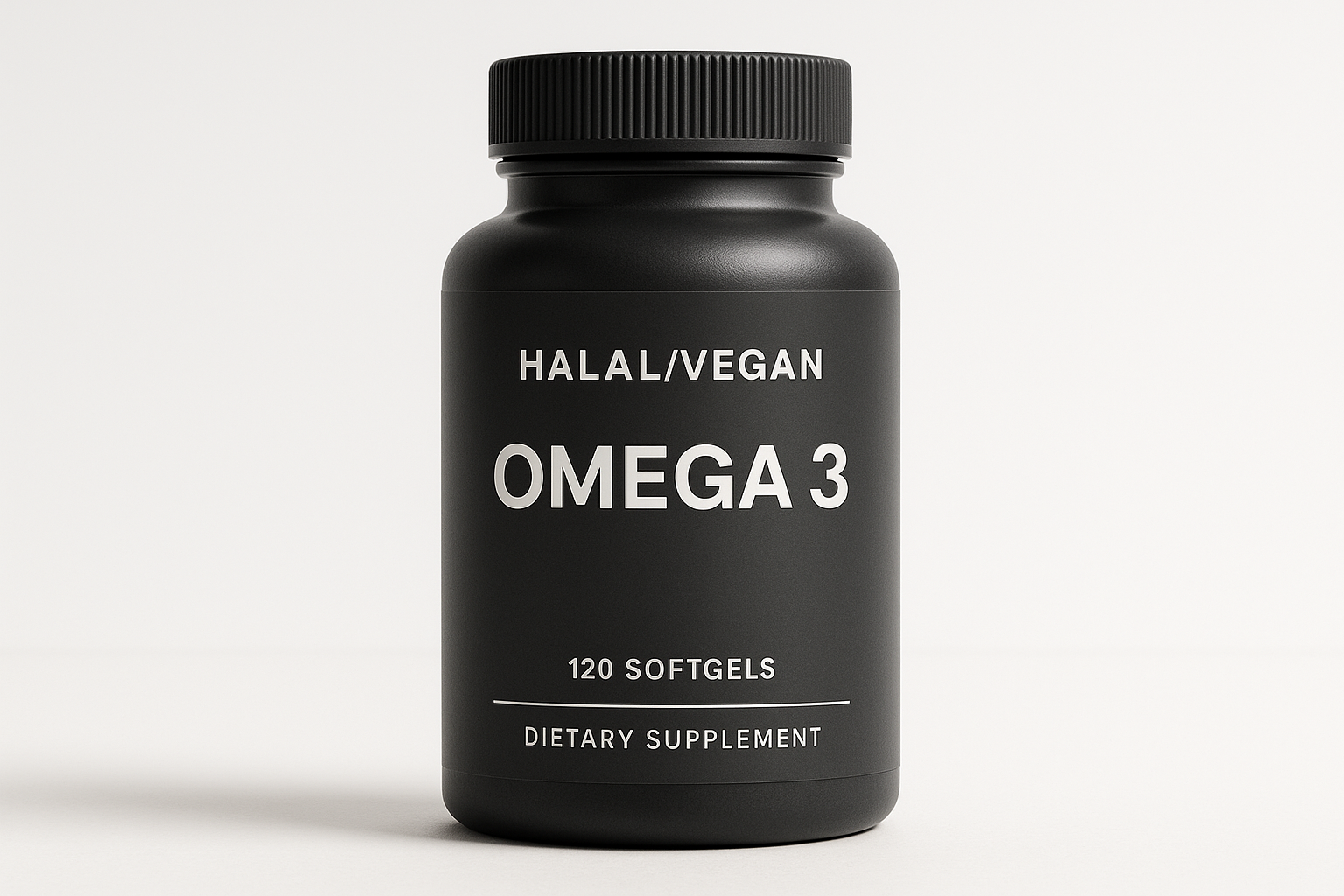Single supplement bottle with charcoal gray and white theme with the text Halal/Vegan Omega 3-